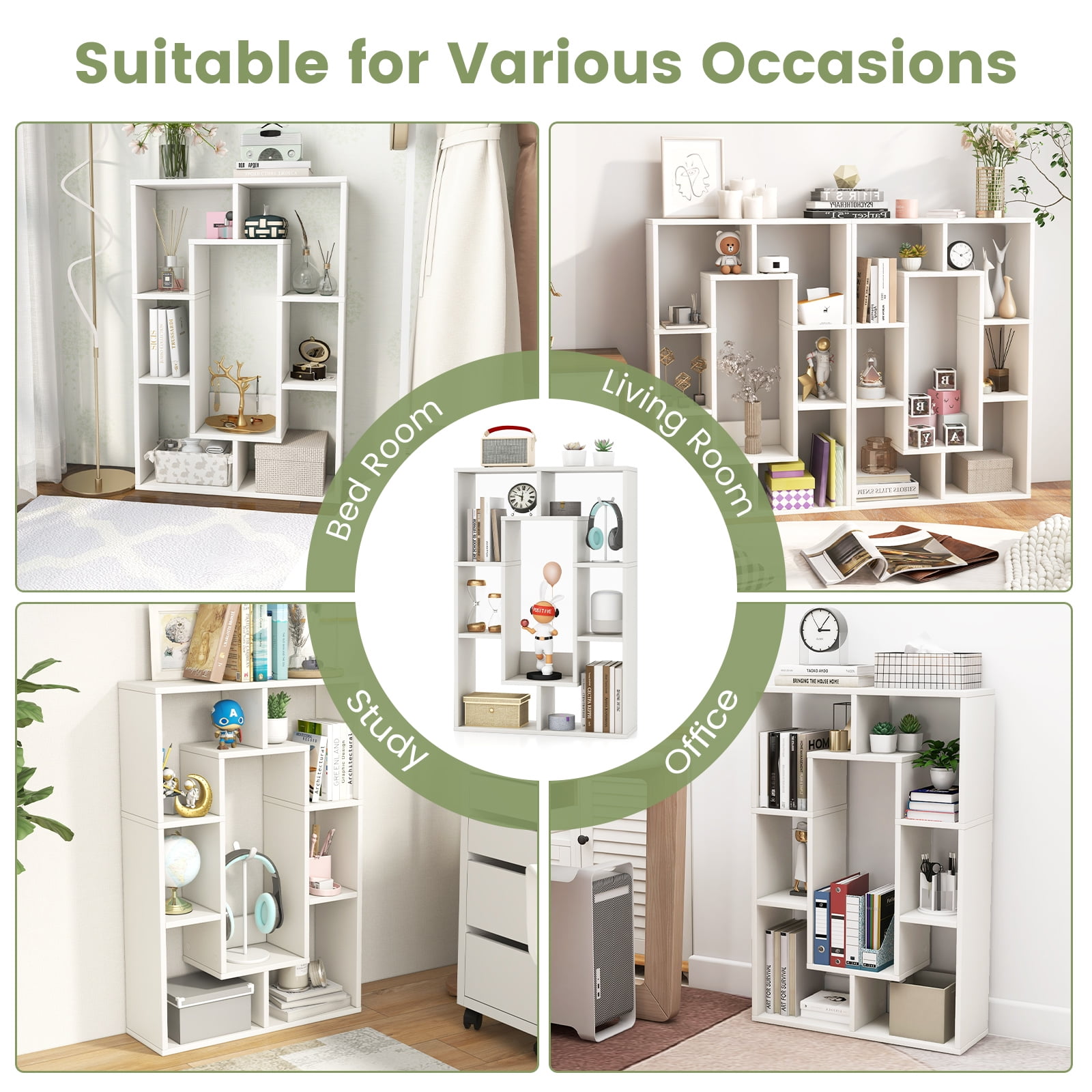 Topbuy 35.5” Geometric Bookshelf Open-back Bookcase w/ 7 Cubes Free-standing Storage Shelf Unit w/ Anti-Toppling Devices White