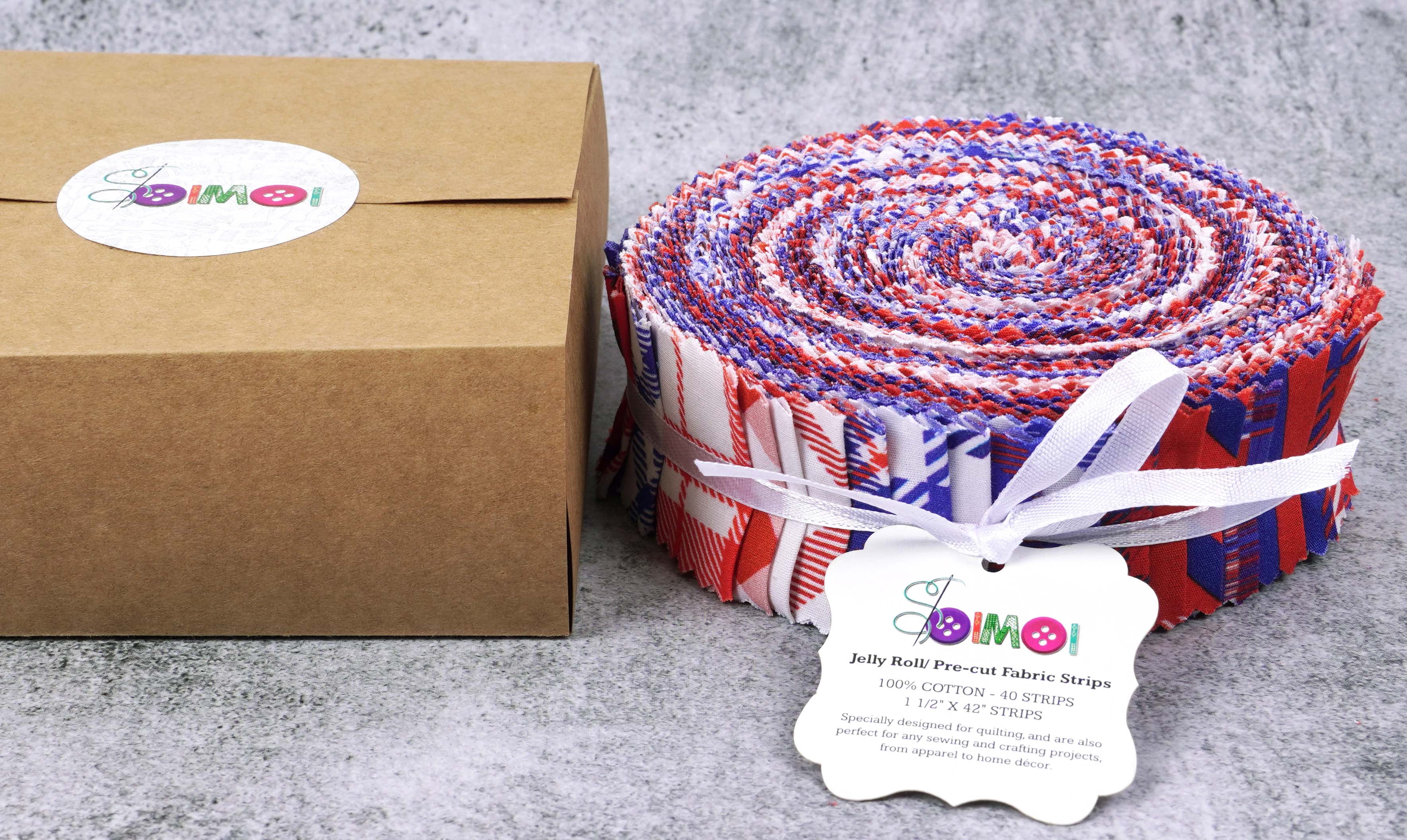 Soimoi 40Pcs Check & Tartan Print Precut Fabrics Strips Roll Up 1.5x42inches Cotton Jelly Rolls For Quilting - Red, Blue & White