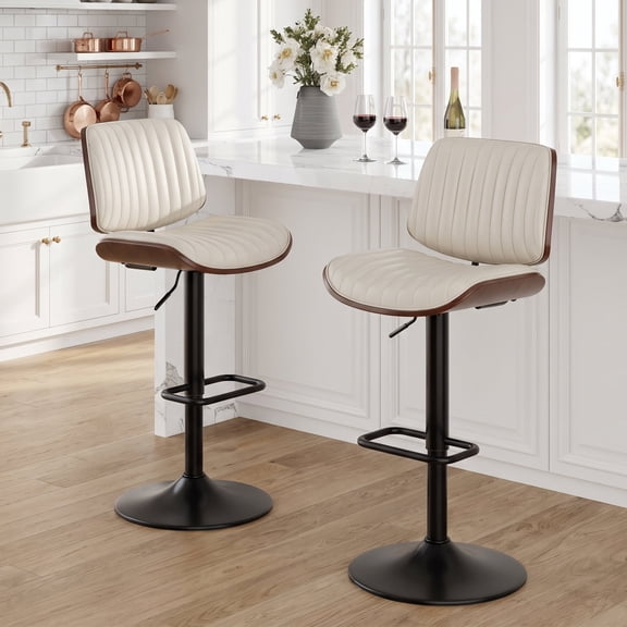 EOP Adjustable Swivel Bar Stools Set of 2, Faux Leather Upholstered Counter Height Chairs with Back Dining Barstools for Kitchen Island, Beige