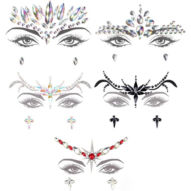 hojas de 5 estilos de pegatinas autoadhesivas de resina con diamantes de imitación para el rostro, patrones variados, 12,5 x 16,5 x 0,3 cm, pegatinas: 22 ~ 60 x 1 ~ 137 mm, 1 hoja/estilo