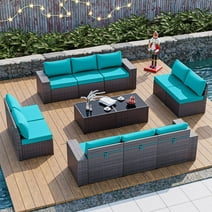 Gotland 12 Pieces Outdoor Patio Furniture Set PE Rattan Wicker Conversation Set w/10 Seats and 2 Coffee Tables