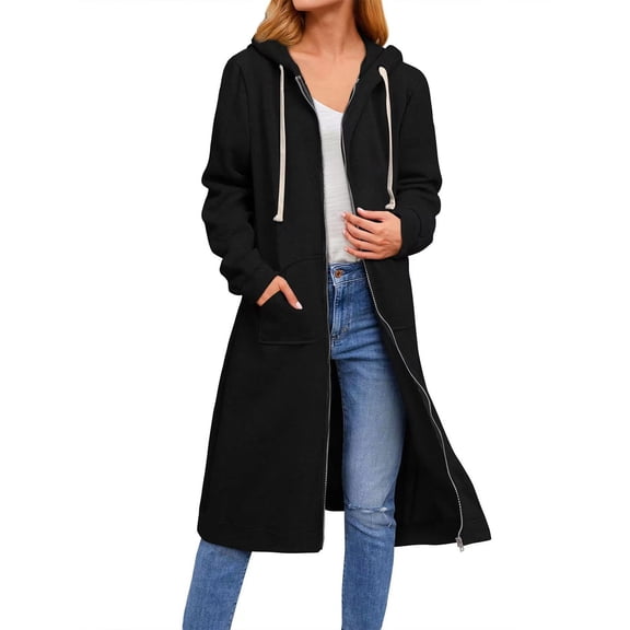 Baqcunre Women's Loose Zipper Long Sleeve Solid Color Long Hooded Cardigan Coats for Women Long Cardigan Jackets for Women Cardigan for Women,Black,L