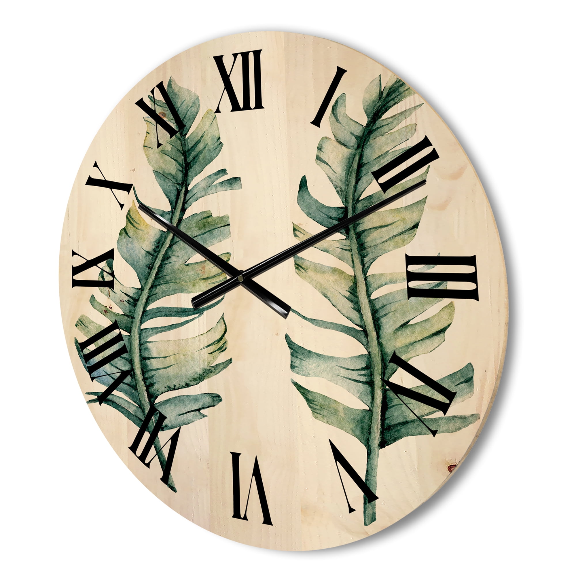 Designart 'Duo of Tropical Leaves On White' Farmhouse Wood Wall Clock