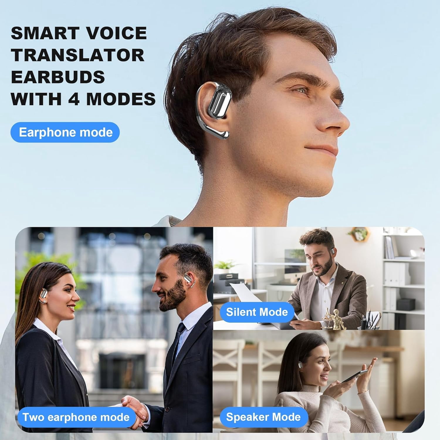 AI Translator Earbuds – Real-Time Translation in 144 Languages, 3-in-1 Wireless Headphones with Hi-Fi Sound & Charging Case – Ideal for Travel, Business & Language Learning (White).