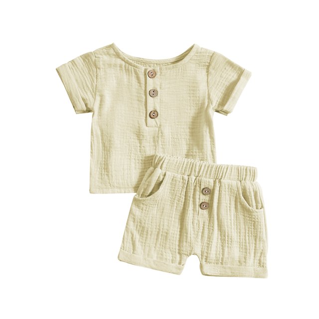 Faithtur Infant Boys Summer Outfits Solid Color Buttons Short Sleeve Crew Neck T-Shirts and Elastic Waist Shorts 2Pcs Clothes Set