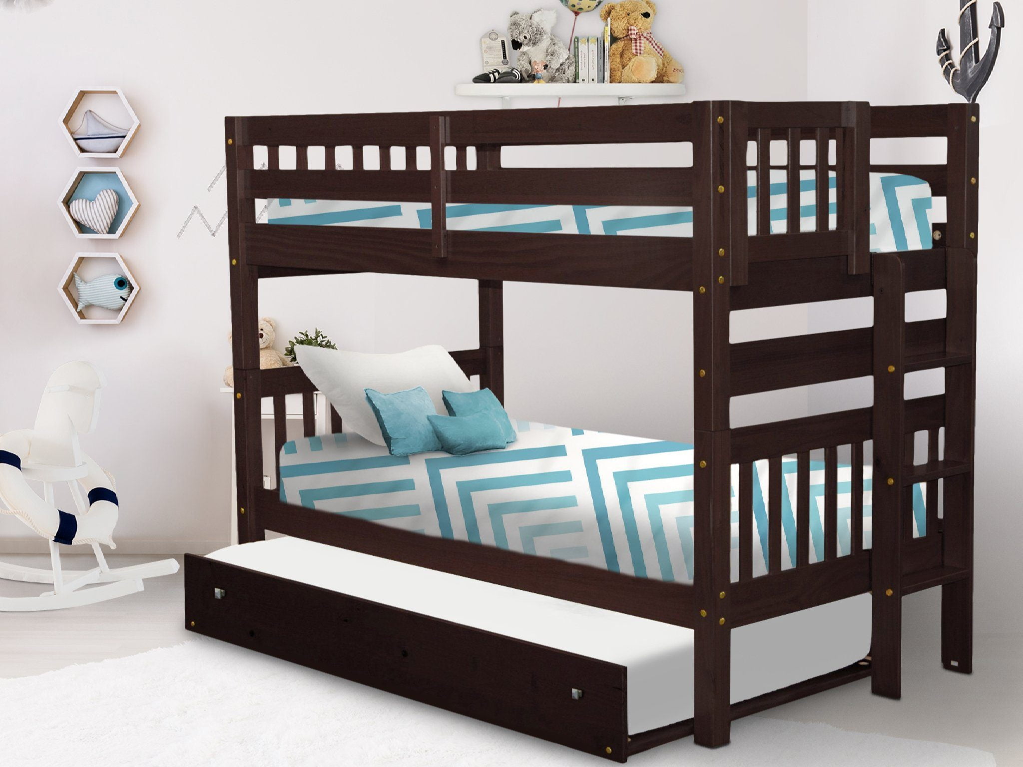 Bedz King Bunk Bed Twin over Twin with End Ladder and a Twin Trundle