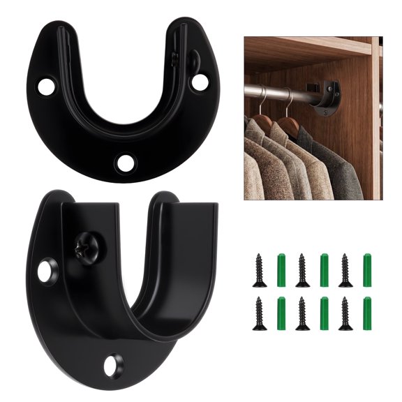 WellMade Heavy Duty Closet Rod Bracket U Shape Black Stainless Steel 1-3/8" Wall Mount Closet Rod Holders Closet Brackets for Rod with Hardware
