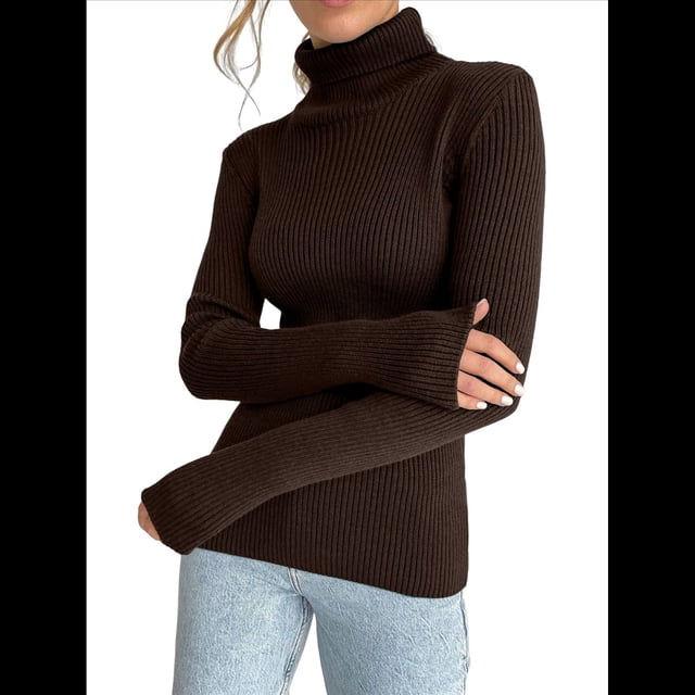 Suéteres Acanalados para Mujer, Lindos Suéteres de Punto de Cuello Alto, Ajustados y Cálidos Color Café un Tamaño