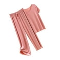 thumbnail image 2 of Sonducket Conjunto de pijama de satén de seda helada para mujer, camiseta de algodón con cuello en V, pantalones holgados con cintura conjuntos de ropa Rosa 2XL, 2 of 6