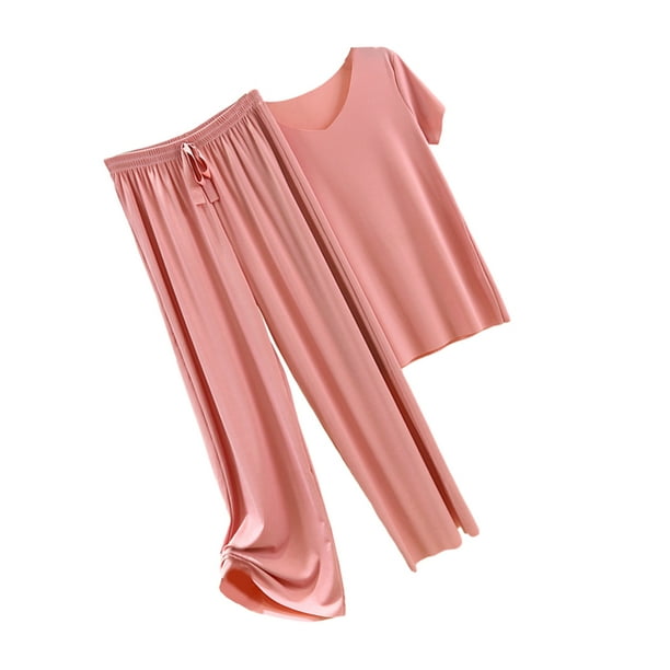 Conjunto de pijama Qarigey satén seda helada mujer camiseta algodón cuello V pantalones holgados Rosa 3XL