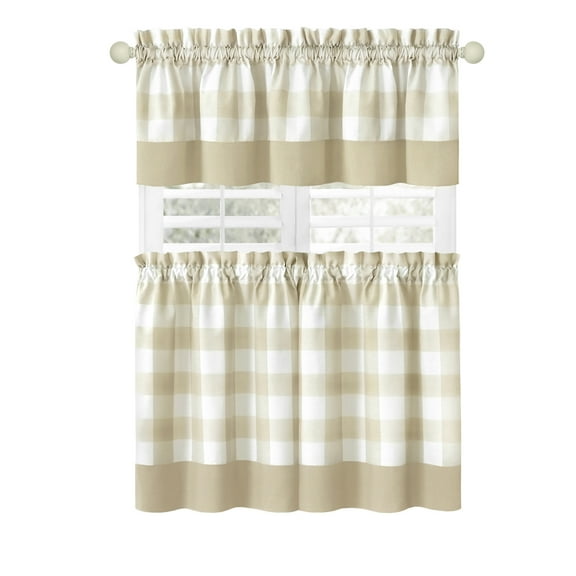 Woven Trends Kitchen Curtains and Valances Set, Classic Country Plaid Checkered Premium Cotton Blend, Cafe Curtains Tier & Valance Set, Rod Pocket, 57" x 36", Beige