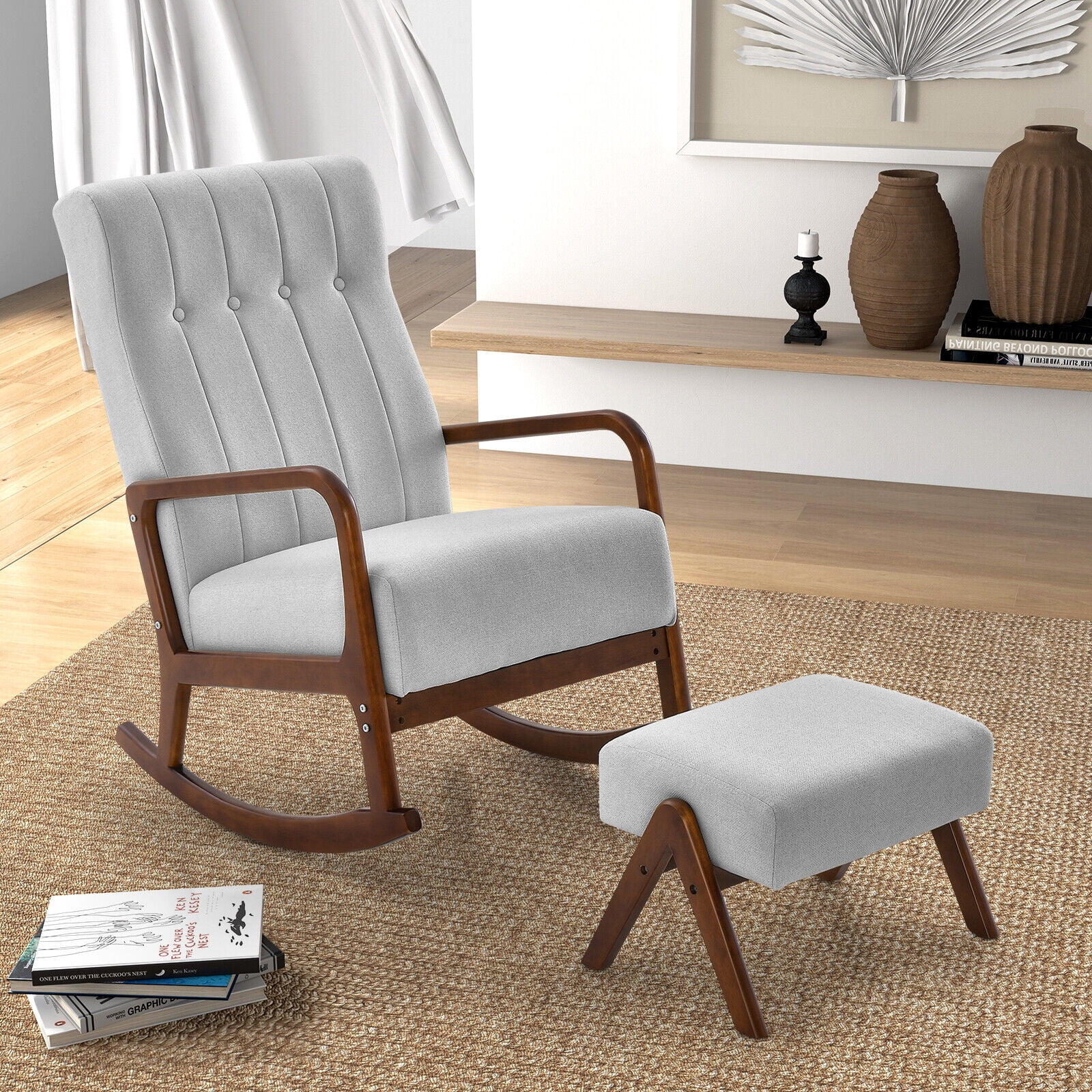 Amijoy Nursery Rocking Chair w/ Ottoman, Upholstered Rocker Chair w/ Footrest, Stable Rubber Frame & Tufted Backrest, Modern Rocking Chairs