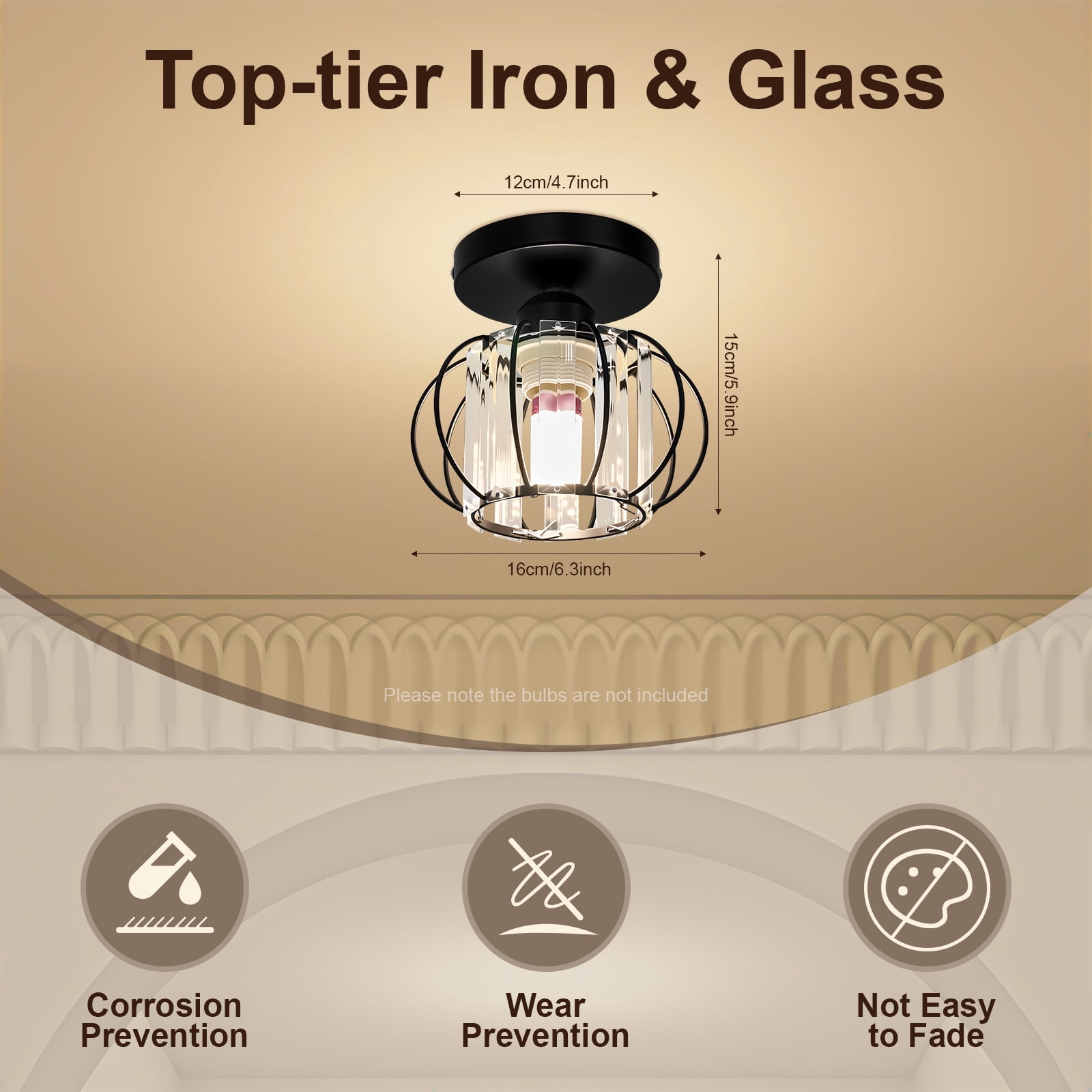 Ceiling Light Fixture, Black Cage Industrial Semi Flush Mount Light with Clear Glass Shade, E26 Base Pendant Light for Kitchen Hallway Bedroom Farmhouse Entryway, 110-240V (Bulb Not Included)