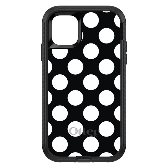 DistinctInk OtterBox Defender Custom Case for Apple iPhone 15 (6.1" Screen) - White & Black Polka Dots - Slim Profile Design