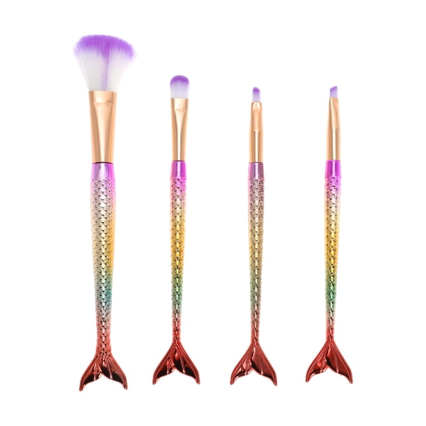 Conjunto de brochas de maquillaje portátil de sirena de 4 piezas para baño, mango de plástico morado, pelo de nylon