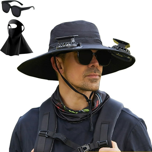 LHNFT Ultralight Solar Fan Sun Hat, Outdoor Wide Brim Sun Hat with 2 Solar Fan, Waterproof Removable, Solar & USB Charging, Camping Essentials
