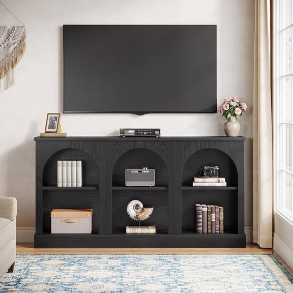Finmind TV Stand for 55/60/65 Inches TV, 63 Inch Farmhouse Entertainment Center with Storage Cabinets for Living Room,Bedroom, Black