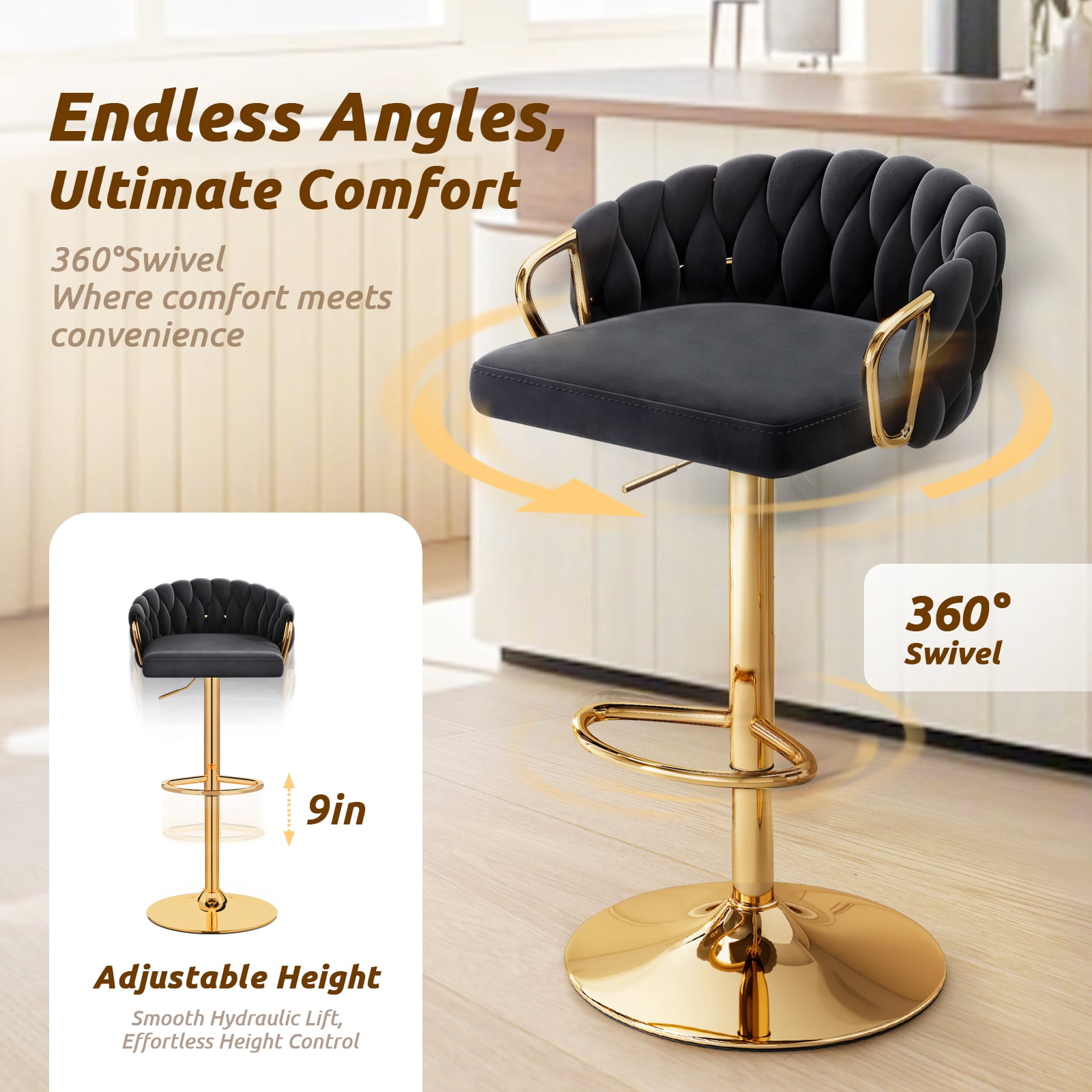Lessmore Luxury Velvet Swivel Bar Stool - Set of 2 with Armrests Woven Back and Footrest Adjustable Height Counter Height Bar Chairs, Gold Base