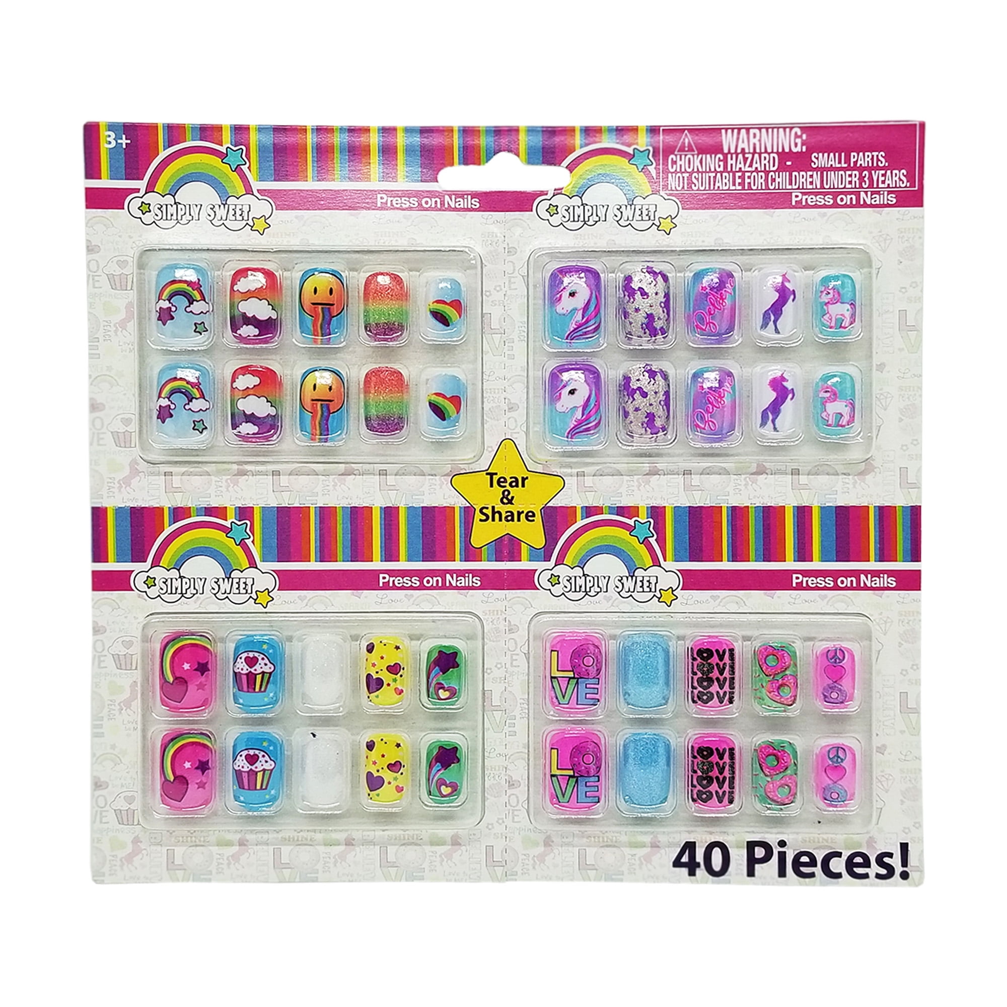 (2 pack) Faux Nails 10 piece set, Mutli Designs, 4 Pack, Simply Sweet