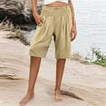 thumbnail image 2 of Bloomae Linen Shorts for Women Smoked High Waisted Elastic Waist Wide Leg Bermuda Shorts Loose Comfortable Casual Summer Short Pants with Pockets Khaki M, 2 of 8