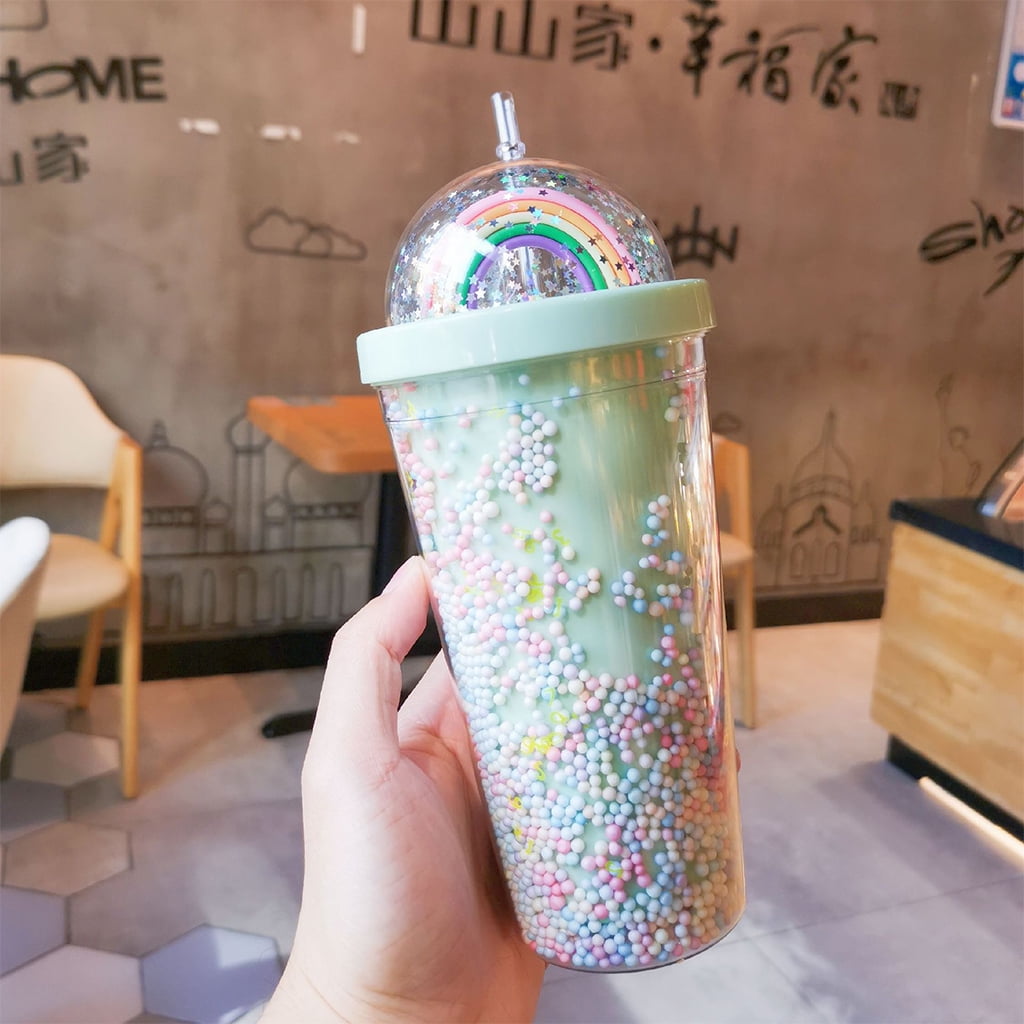 550ml Rainbow Plastic Water Bottle Double Layer Sequins Drinking Cu