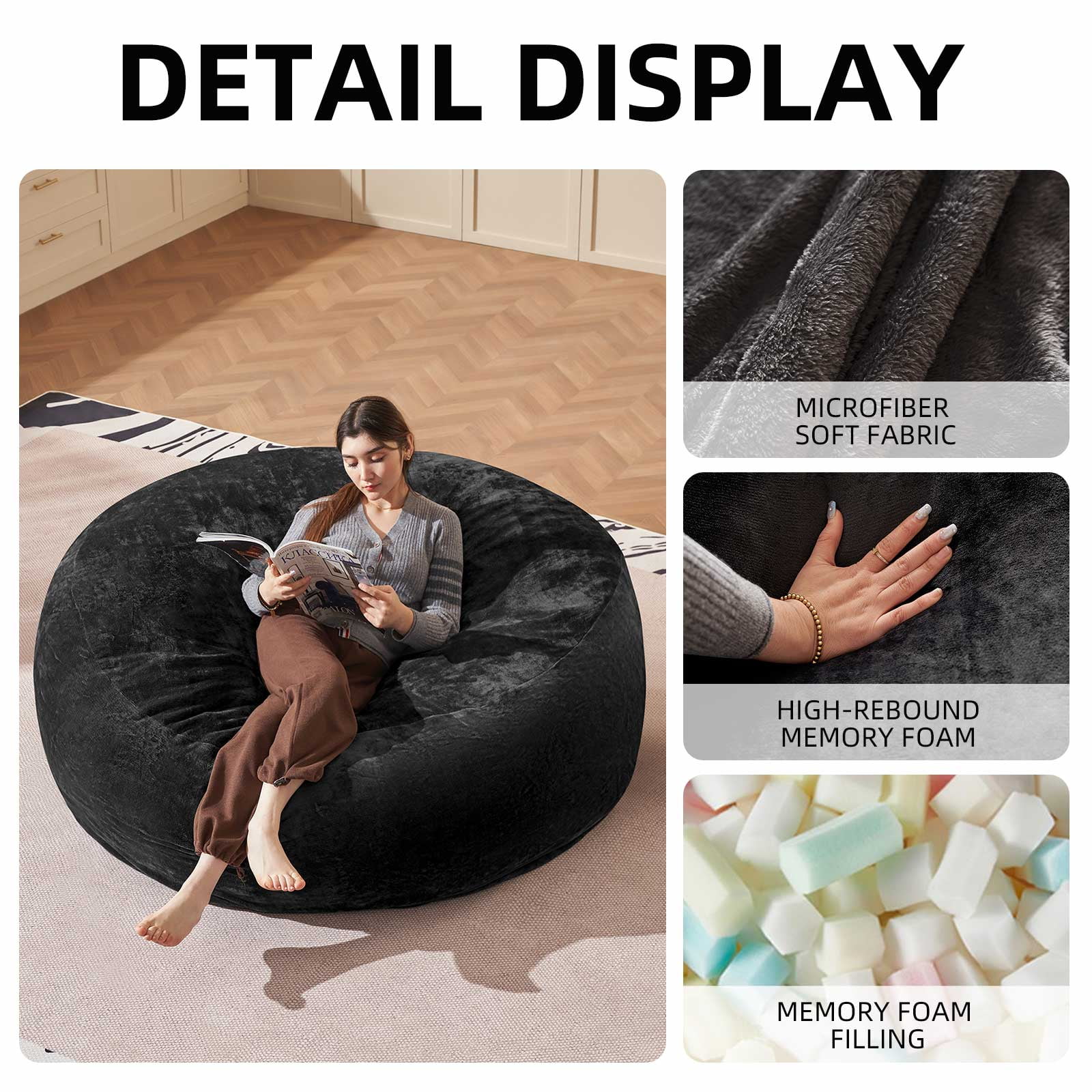 Bean Bag Chair 5FT,  Large Memory Foam Filled Chair for Adults and Teens, Soft Sofa with Removable Flannel Cover, Round Couch for Living Room Bedroom College Dorm