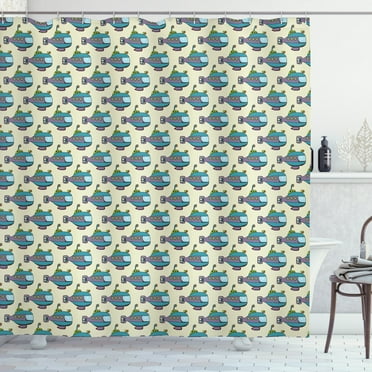 Marine Shower Curtain, Naval Transportation Vehicle in Cartoon Style Hand Drawn Submarine Sketch Pattern, Fabric Bathroom Set with Hooks, 69W X 84L Inches Extra Long, Multicolor, by Ambesonne