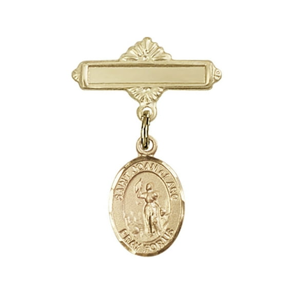 Gold Filled Baby Badge with St. Joan of Arc Charm and Polished Badge Pin 1 X 5/8 inches