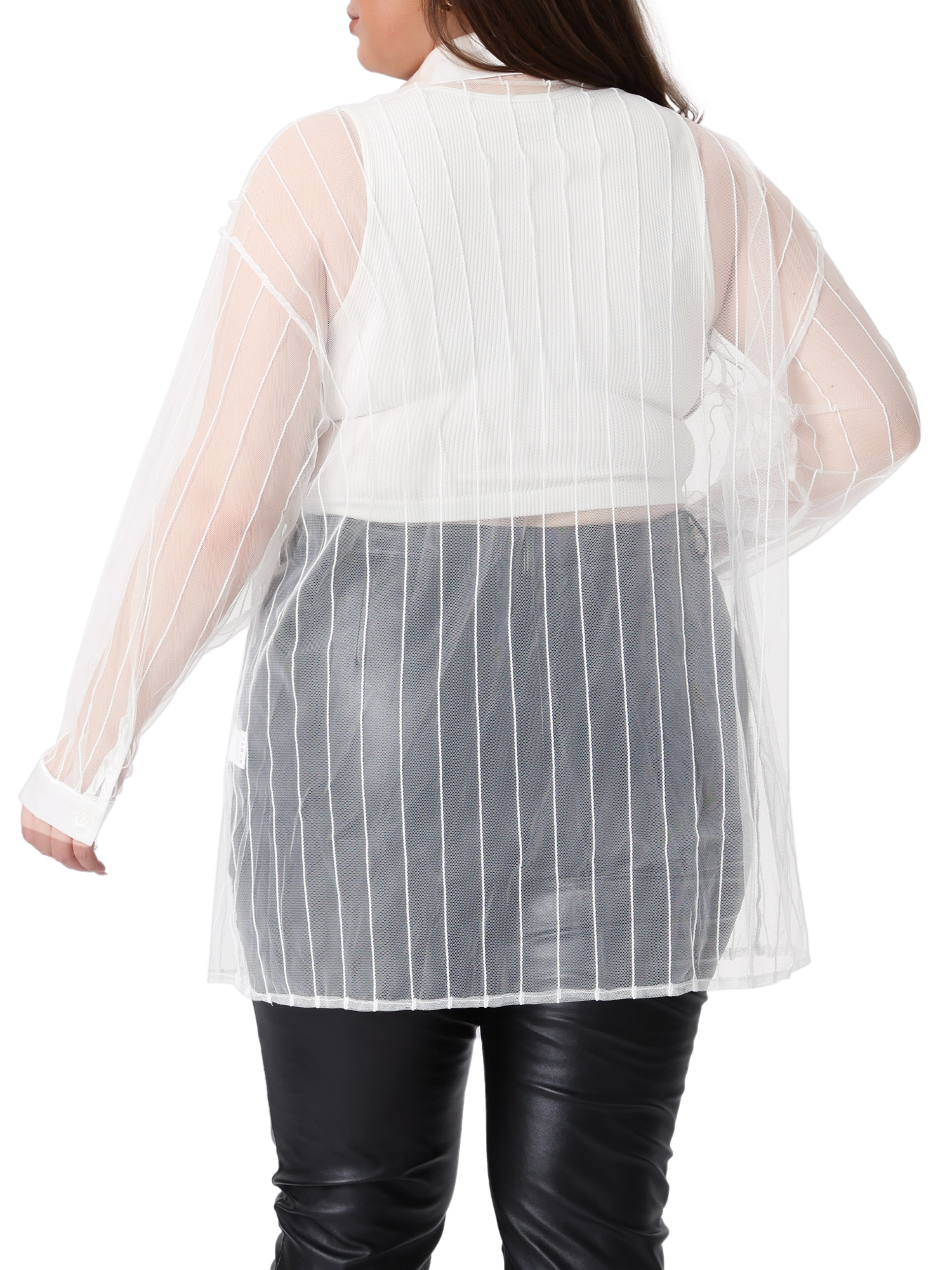 DARING DIVA Women's Plus Size Mesh Sheer Long Sleeve Button Down Shirt 1X White