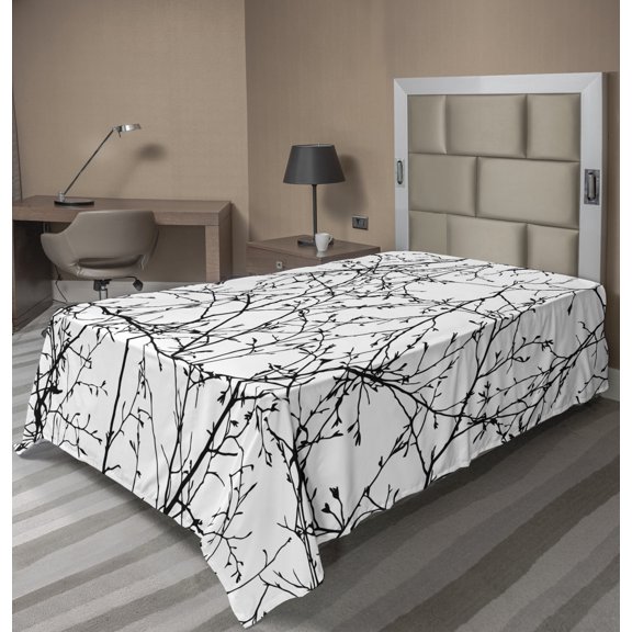 Ambesonne Tree Flat Sheet, Branches with Leaves Buds, Twin Size, Black White