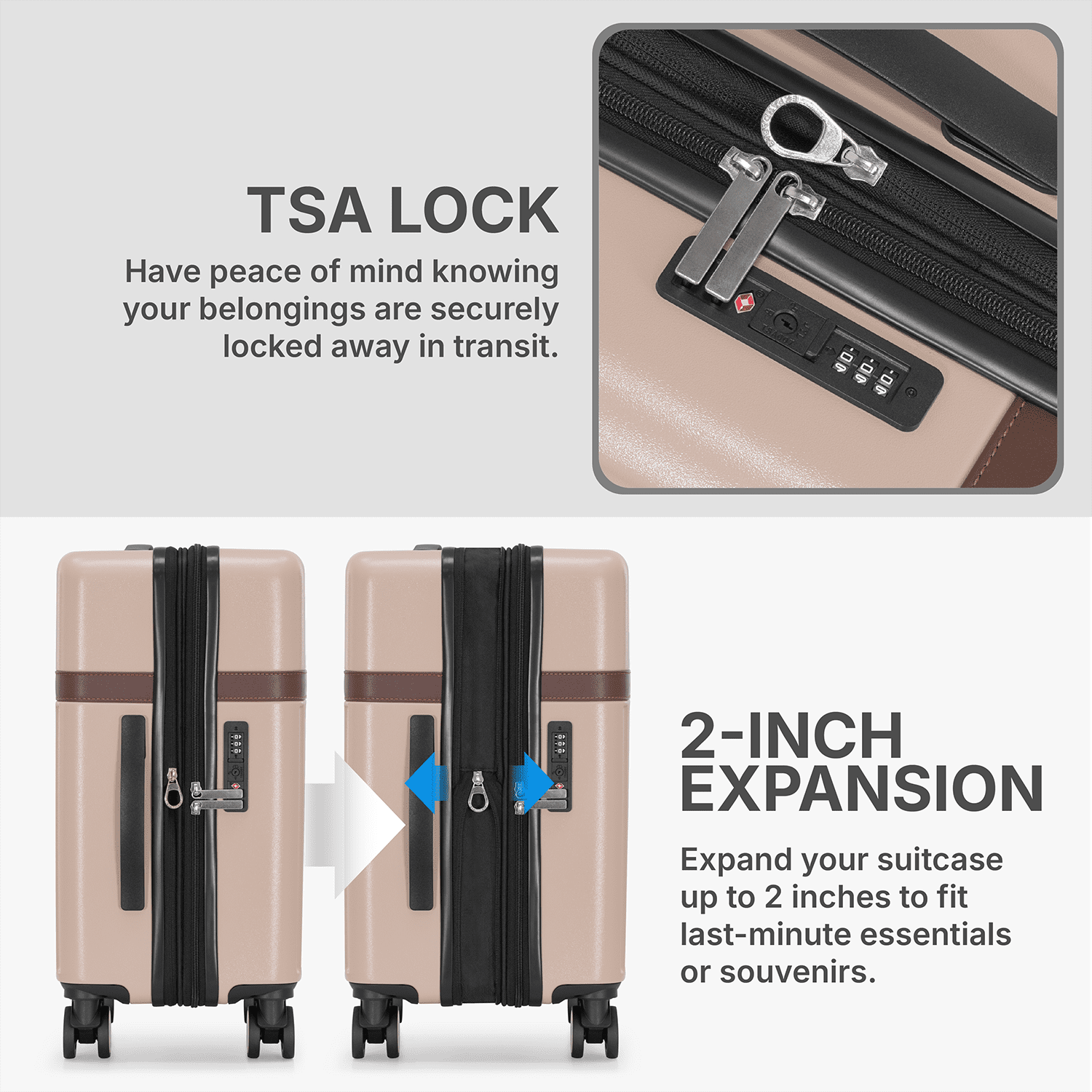 U.S. Traveler 3-Piece Luggage Set with Backpack, 21-Inch Carry-on Hardside Expandable with Spinner Wheels, TSA Lock, 18-Inch Travel Backpack with Laptop Sleeve, 3-Piece Travel Set, Ivory