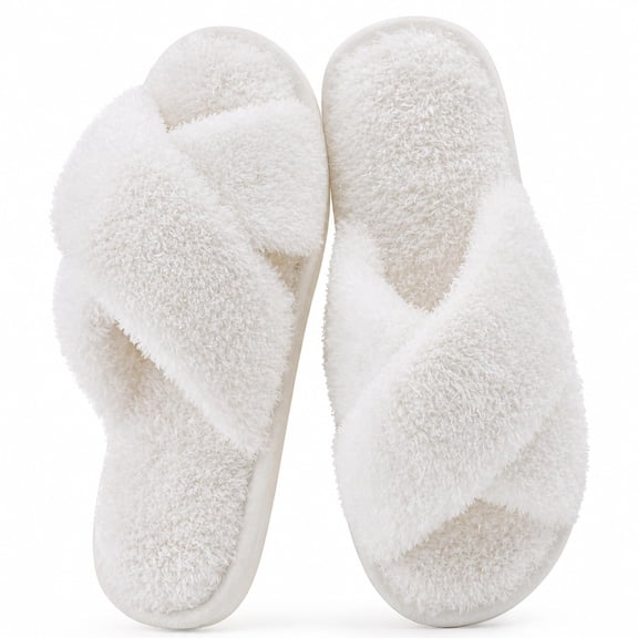 Comwarm Fuzzy Slide Slippers for Women, Cross Band Memory Foam Open Toe House Shoes, White