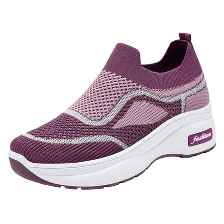 

ZMHEGW Fashion Women Sports Shoes Thick Sole Middle Heel Slip On Mesh Breathable Colorblock Casual Style