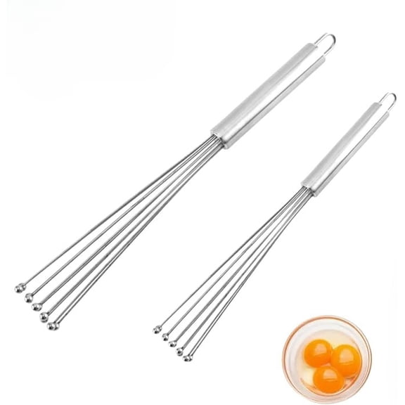 2 Pieces Stainless Steel Ball Whisk Wire Egg Whisk Set and 2 Hooks Kitchen Whisks for Cooking, Blending, Beating, Whisking, Stirring (12" and 10")