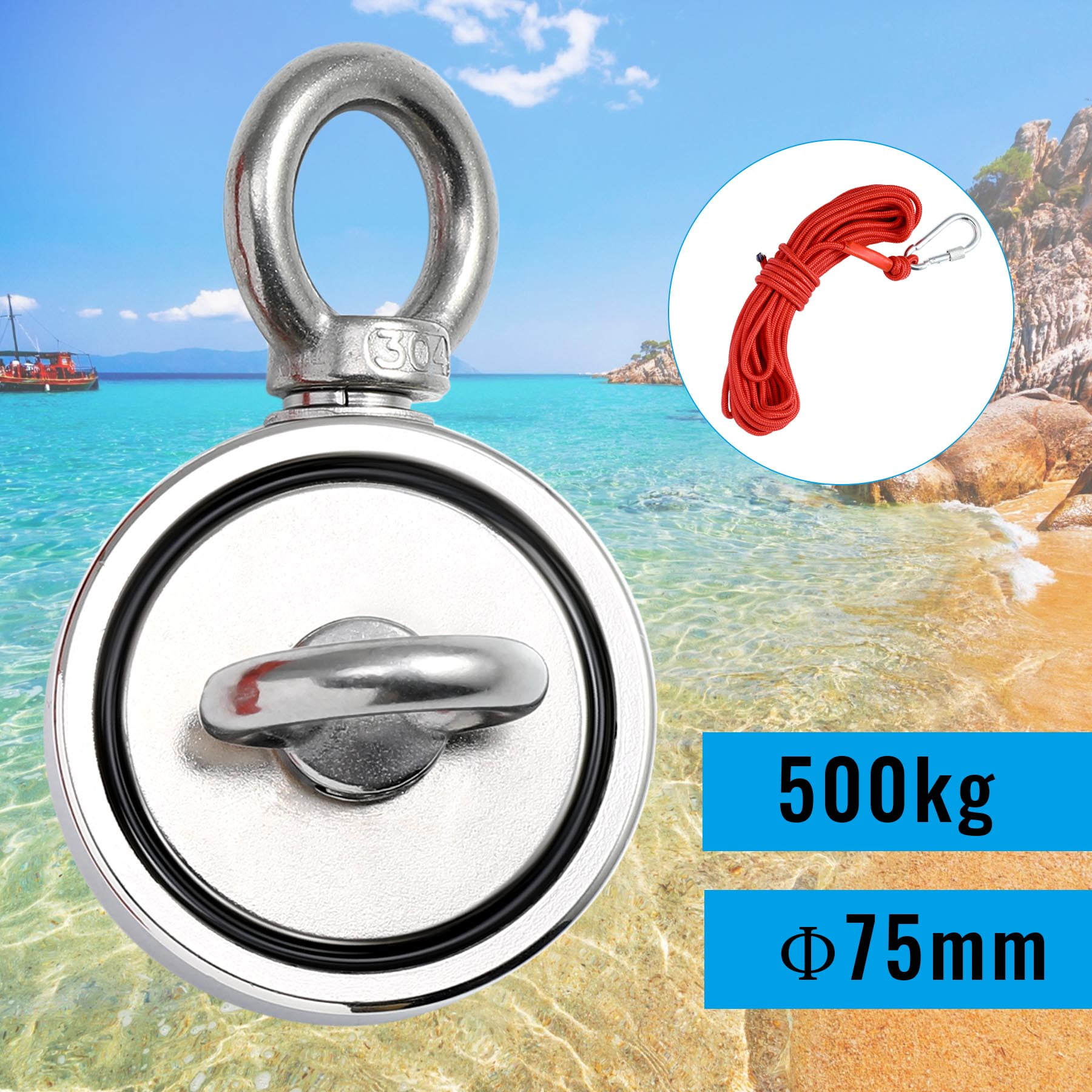 230kg Fishing Magnet Double Sided Round Recovery Salvage Neodymium with 10m Rope 
