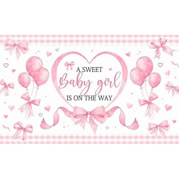 A Sweet Baby Girl is On The Way Backdrop Pink Bow Balloon Theme Baby Shower Photography Background Sweet Pink Girl Gender Reveal Baby Shower Party Decorations Banner Supplies Photo Booth Props