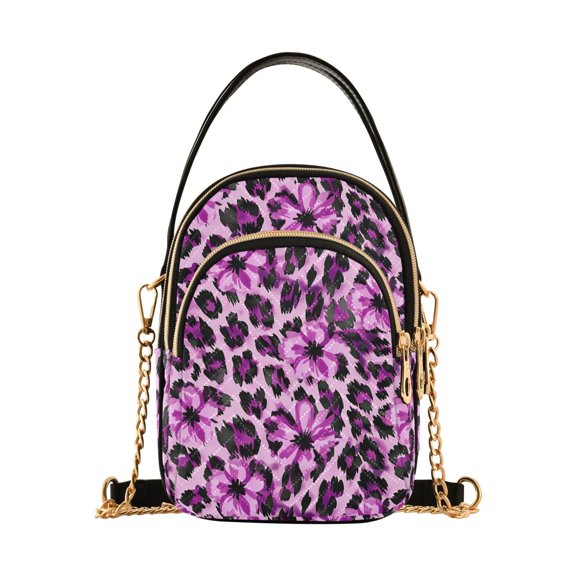 FORMRS Crossbody Bag for Women Quilted Travel Shoulder Cell Phone Purse with Chain Strap Handbag, Purple Floral Leopard Pattern