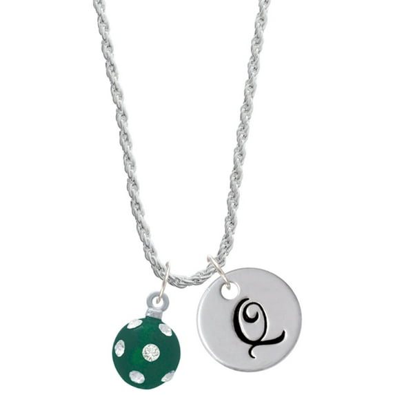 Delight Jewelry Silvertone 3-D Frosted Green Resin Ornament with Crystals Silvertone Script Initial Disc - Q - Charm Necklace, 20"+3"