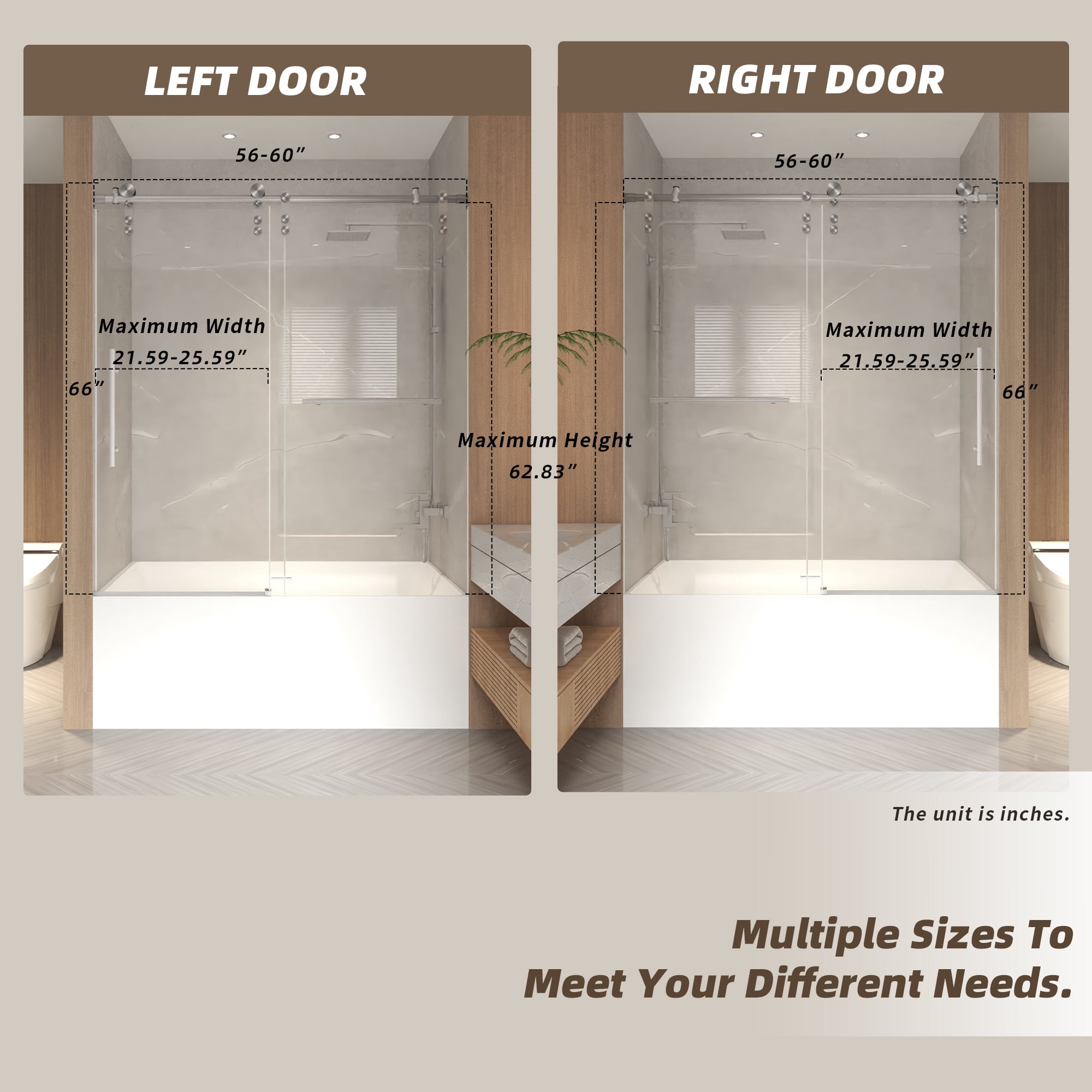 Leumius 56-60" x 66" H Frameless Sliding Shower Door, 5/16" Clear Tempered Glass,Stainless Steel Frame for Bathroom,Brushed Nickel