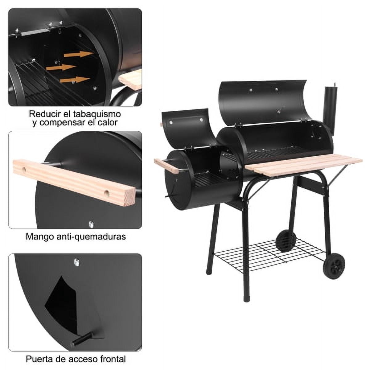 Oil Drum Charcoal Furnace, 12" Main & Side Smoker, 500-600°F High-Temp Paint, Portable with Wheels, Steel Construction