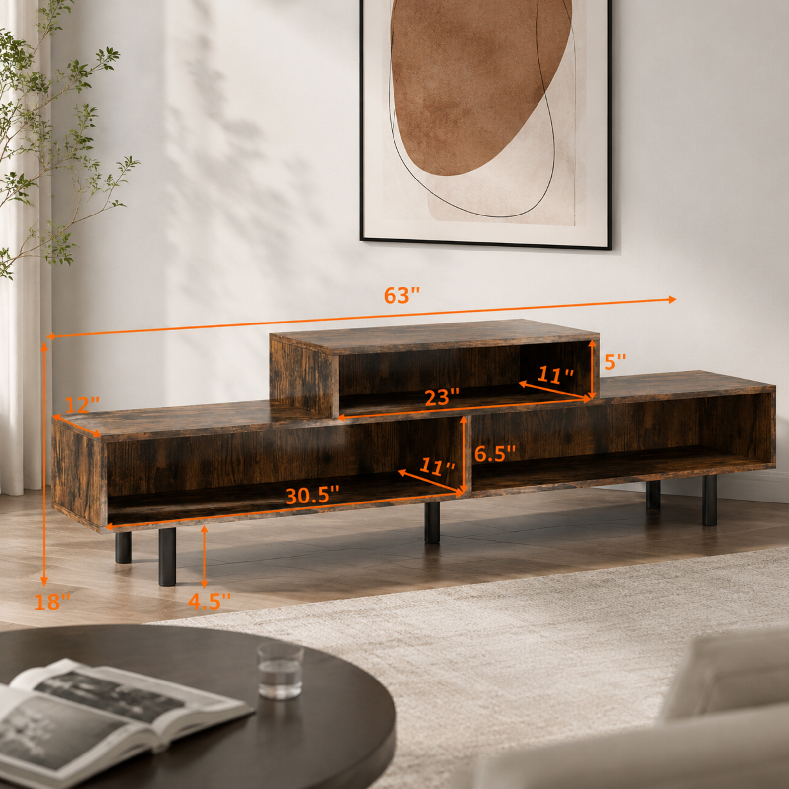 Furnibear 3 Cubby TV Stand for TVs up to 70 Inch with Open Storage Compartments for Living Room Bedroom Media Console Entertainment, Rustic Brown