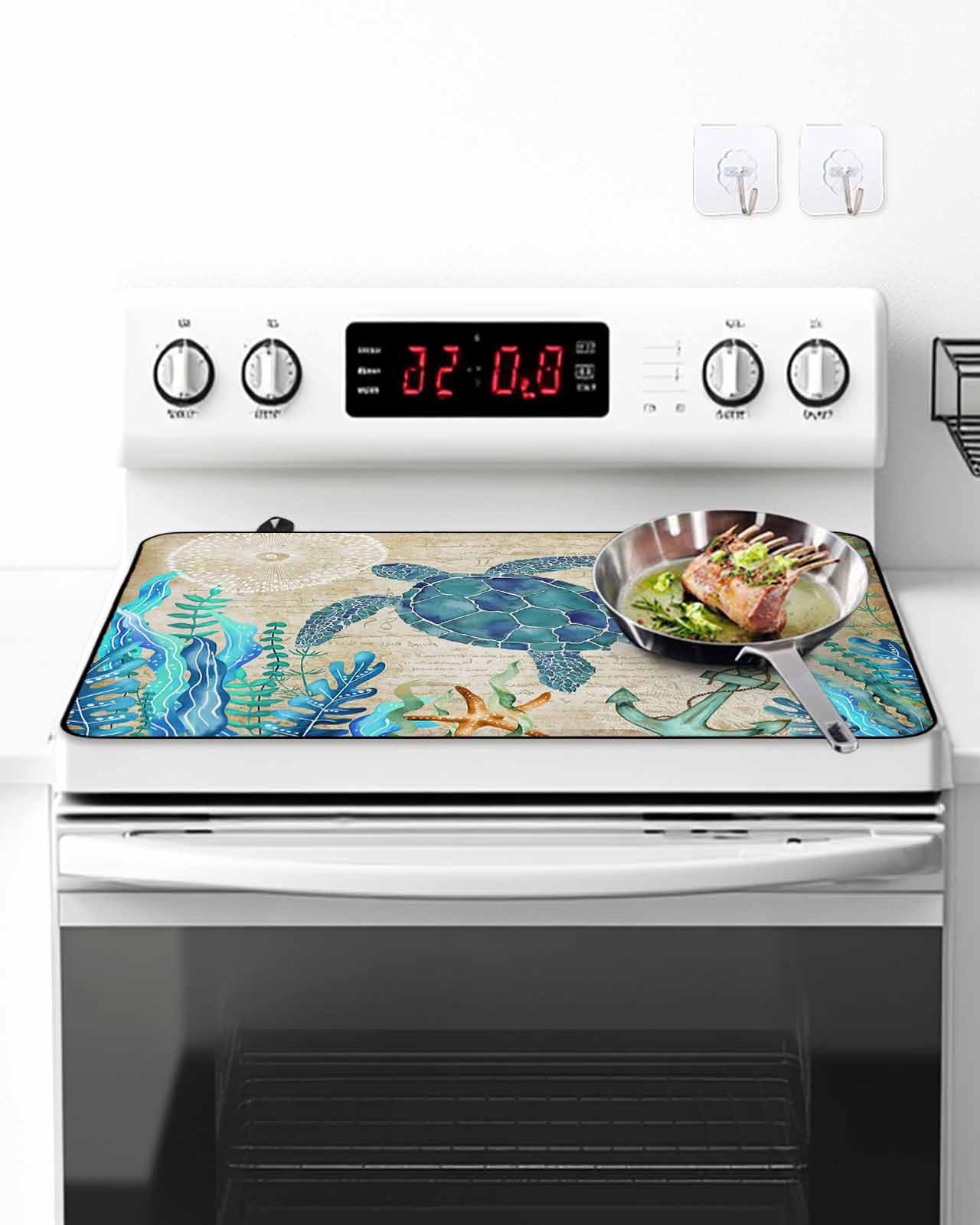 Stove Top Covers for Electric Stove, Teal Sea Turtle Coastal Glass Stovetop Cover Protector, Vintage Summer Beach Seaweed Induction Cooktop Protector Oven Mat for Kitchen Countertop 24"x21"