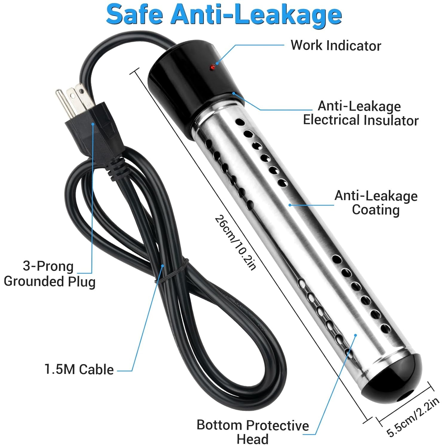 JOGGEIL Immersion Water Heater 1500W with 158°F Auto Shut-off, Portable Submersible Water Heater with Full 304 Stainless Steel Guard and LCD Thermometer, Fast Heating for Bucket, Bathtub, Small Pool