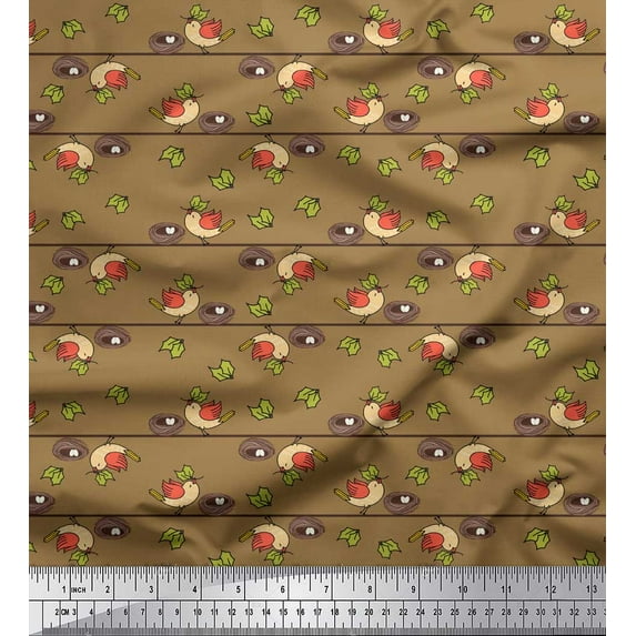 Soimoi Crepe Silk Fabric Leaves,Nest & Bird Clip Art Printed Fabric 1 Yard 42 Inch Wide