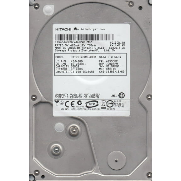HDT721050SLA360, PN 0F10186, MLC BA3119, Hitachi 500GB SATA 3.5 Hard Drive