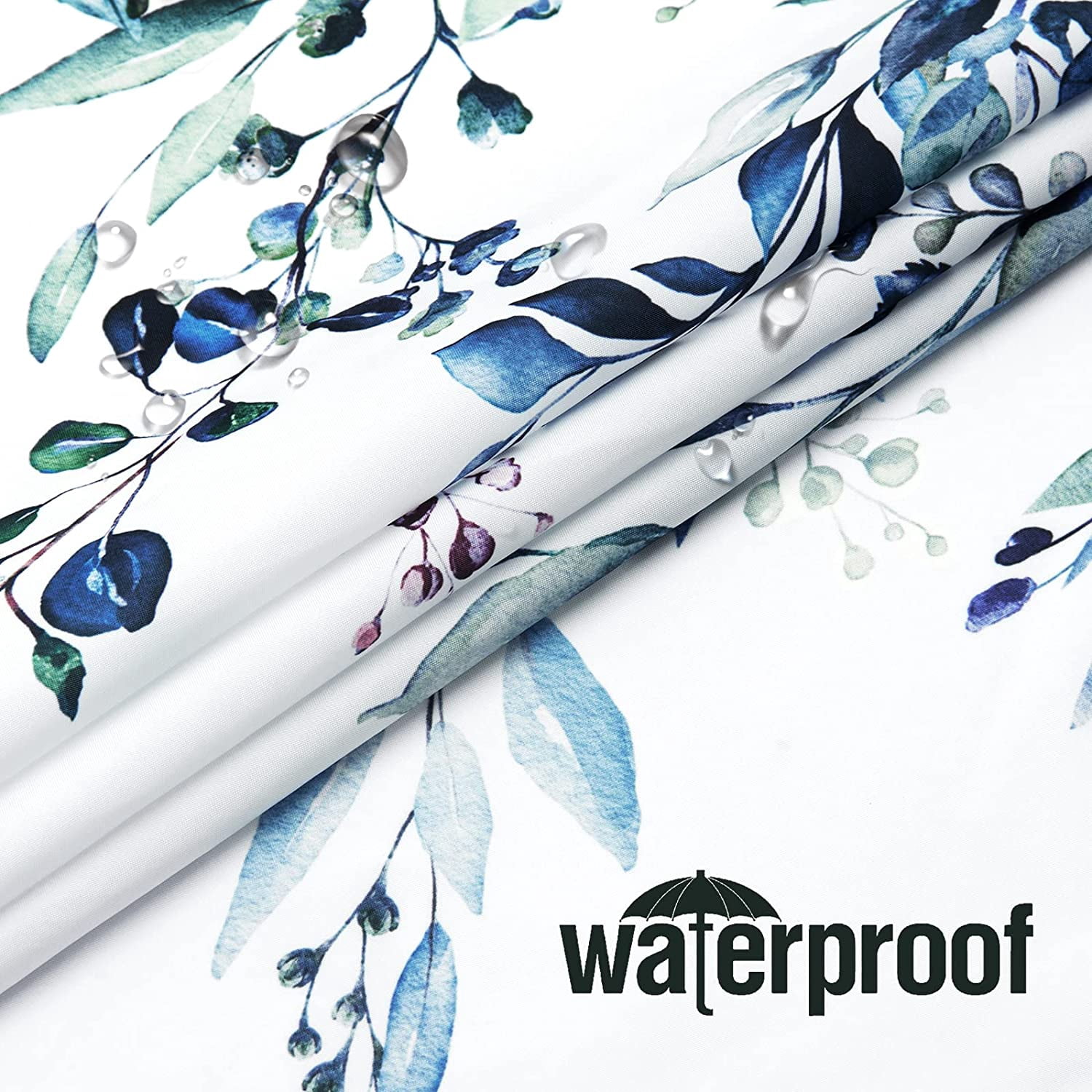 Extra Long Shower Curtain 72 x 84, Blue Floral Shower Curtain for Bathroom, Watercolor Plant Eucalyptus Leaves Fabric Shower Curtain Set with Hooks