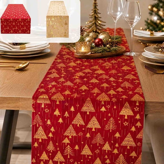 Yhmxh Christmas Table Runner 108.26 x 11.02 Inch, Gold Foil Christmas Tree Pattern Table Runner, Holiday Decorative Table Decor for Dining Table, Xmas Party, Farmhouse Indoor Home Decor