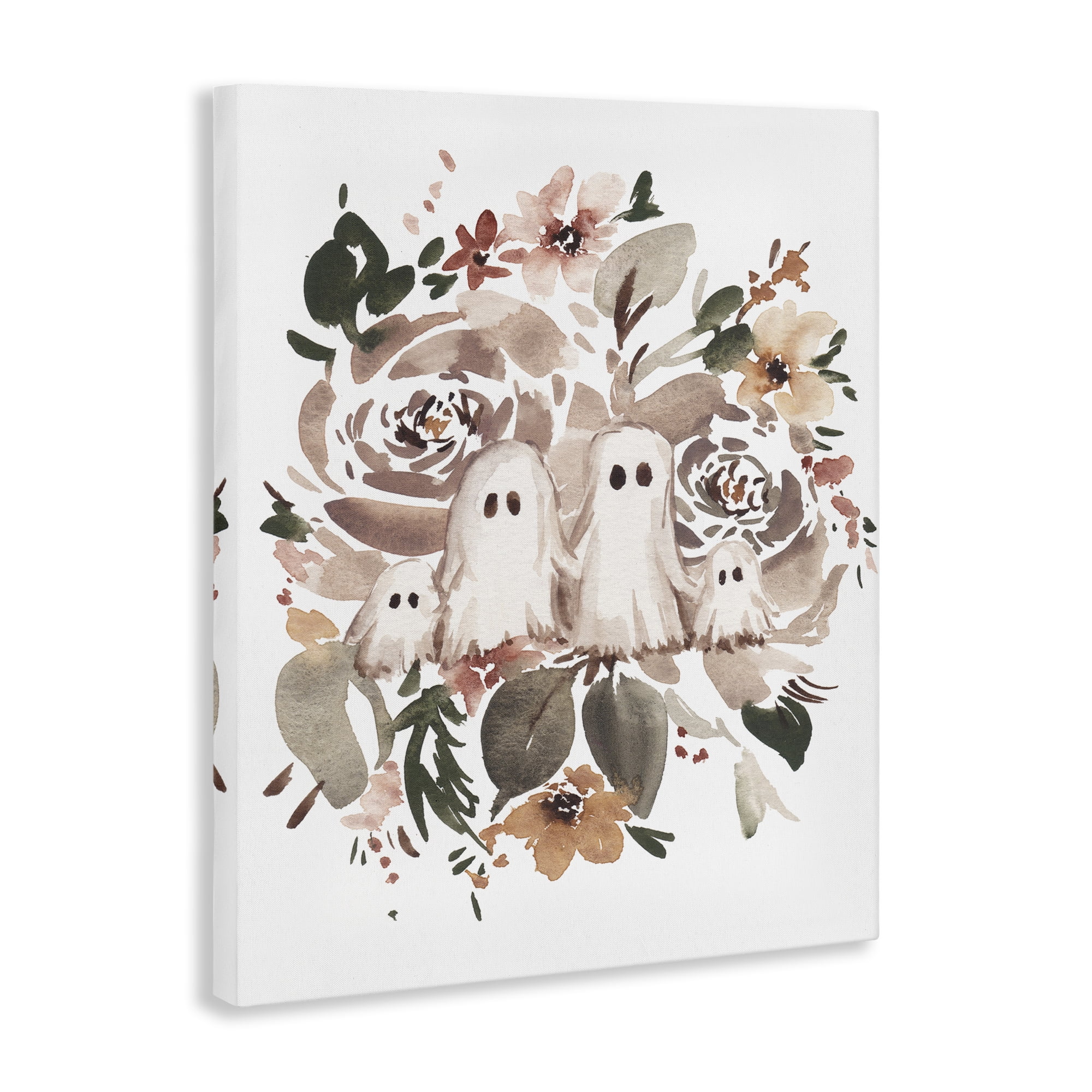 Stupell Industries Little Ghosts with Botanicals Holiday Painting Wrapped Canvas Art Print Wall Art, 16 x 20