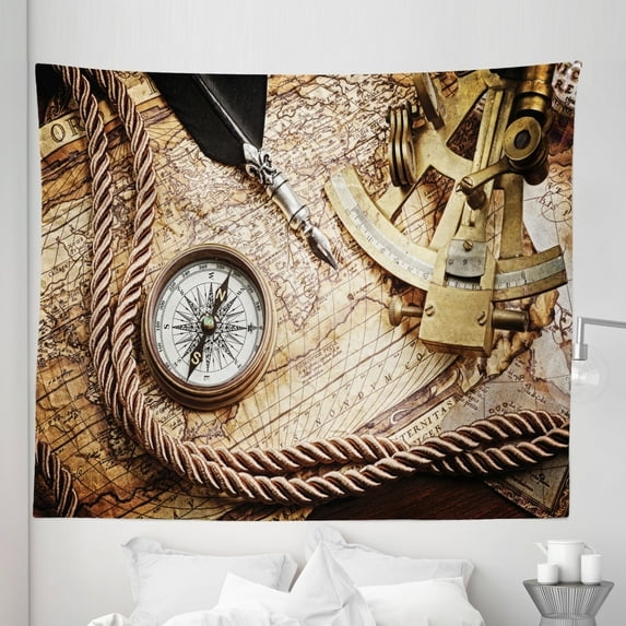 Vintage Tapestry, Vintage Navigation Voyage Theme Lifestyle Image with Sextant and Compass Discovery Tools, Fabric Wall Hanging Decor for Bedroom Living Room Dorm, 5 Sizes, Cream, by Ambesonne