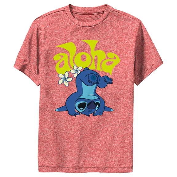 Boy's Lilo & Stitch Aloha Headstand Stitch Performance Graphic Tee Red Heather Medium